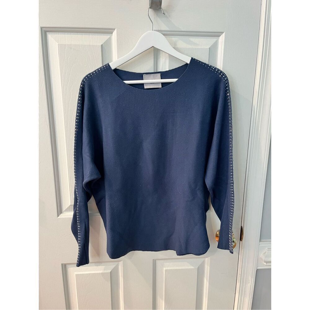 LIV Milano Teal Cashmere Cotton Blend Crystal Sleeve Embellished Rounded Hem Swe